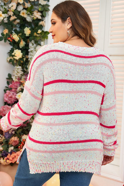 Pink Stripe Drop Shoulder Side Split Plus Size Sweater - Goddess Vibes