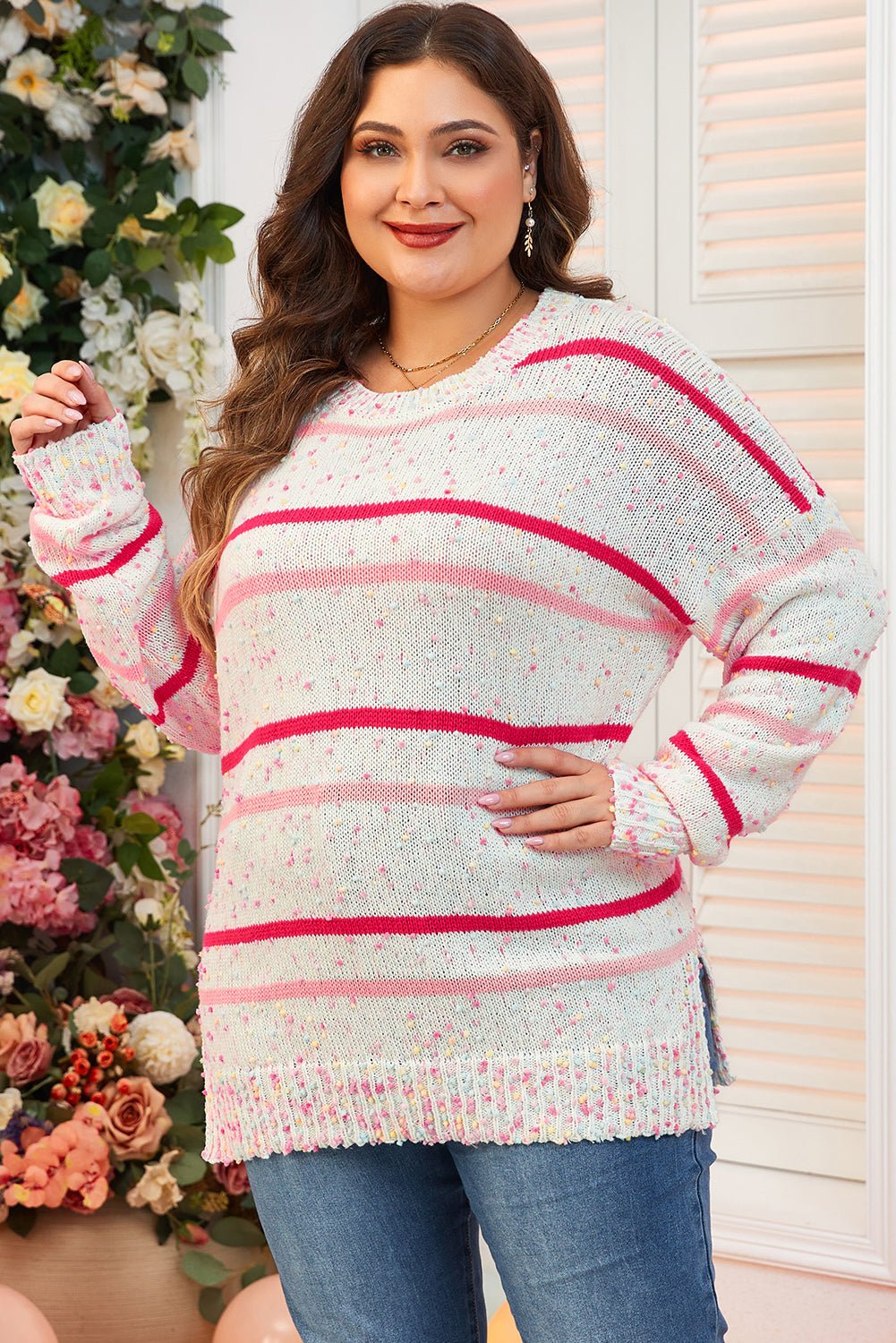 Pink Stripe Drop Shoulder Side Split Plus Size Sweater - Goddess Vibes