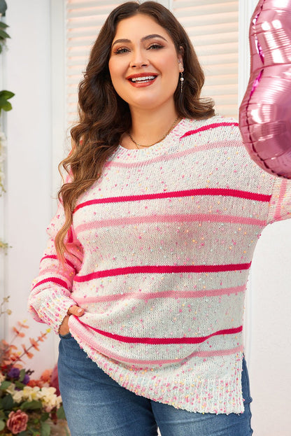 Pink Stripe Drop Shoulder Side Split Plus Size Sweater - Goddess Vibes