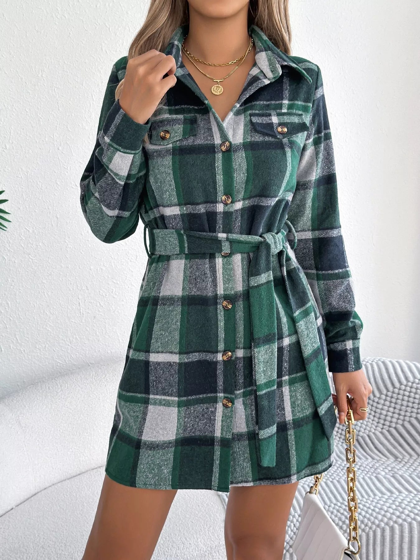 Plaid Button Front Tie Waist Shirt Dress - Goddess Vibes
