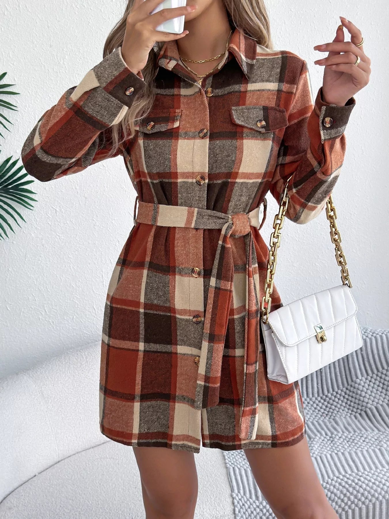 Plaid Button Front Tie Waist Shirt Dress - Goddess Vibes