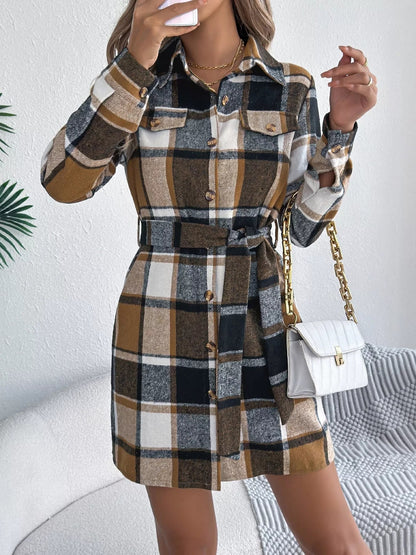 Plaid Button Front Tie Waist Shirt Dress - Goddess Vibes