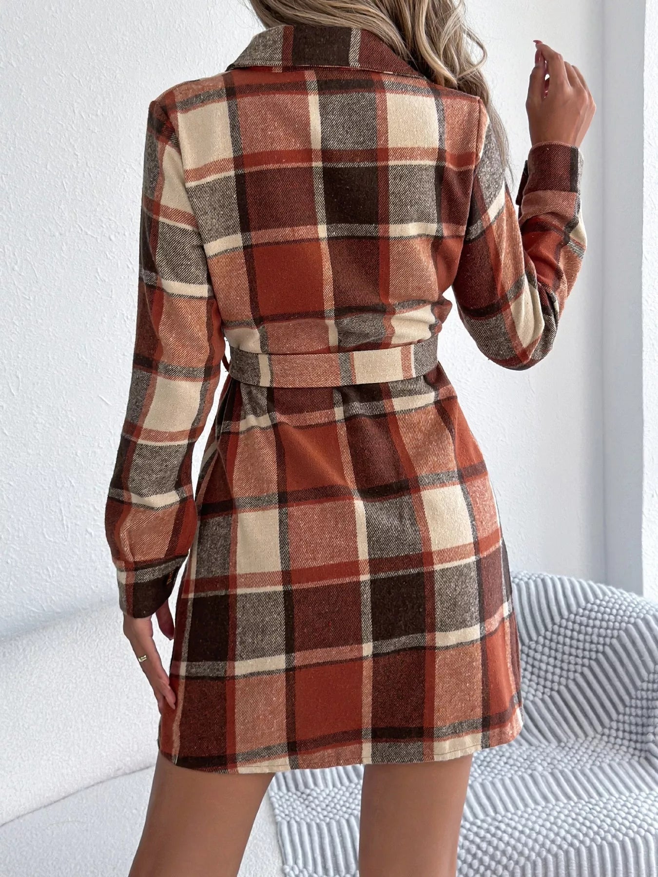 Plaid Button Front Tie Waist Shirt Dress - Goddess Vibes