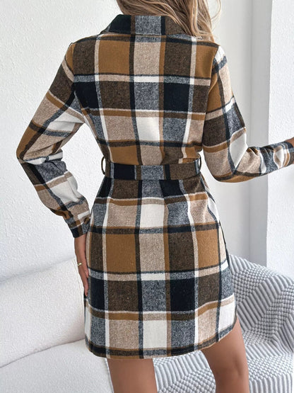 Plaid Button Front Tie Waist Shirt Dress - Goddess Vibes