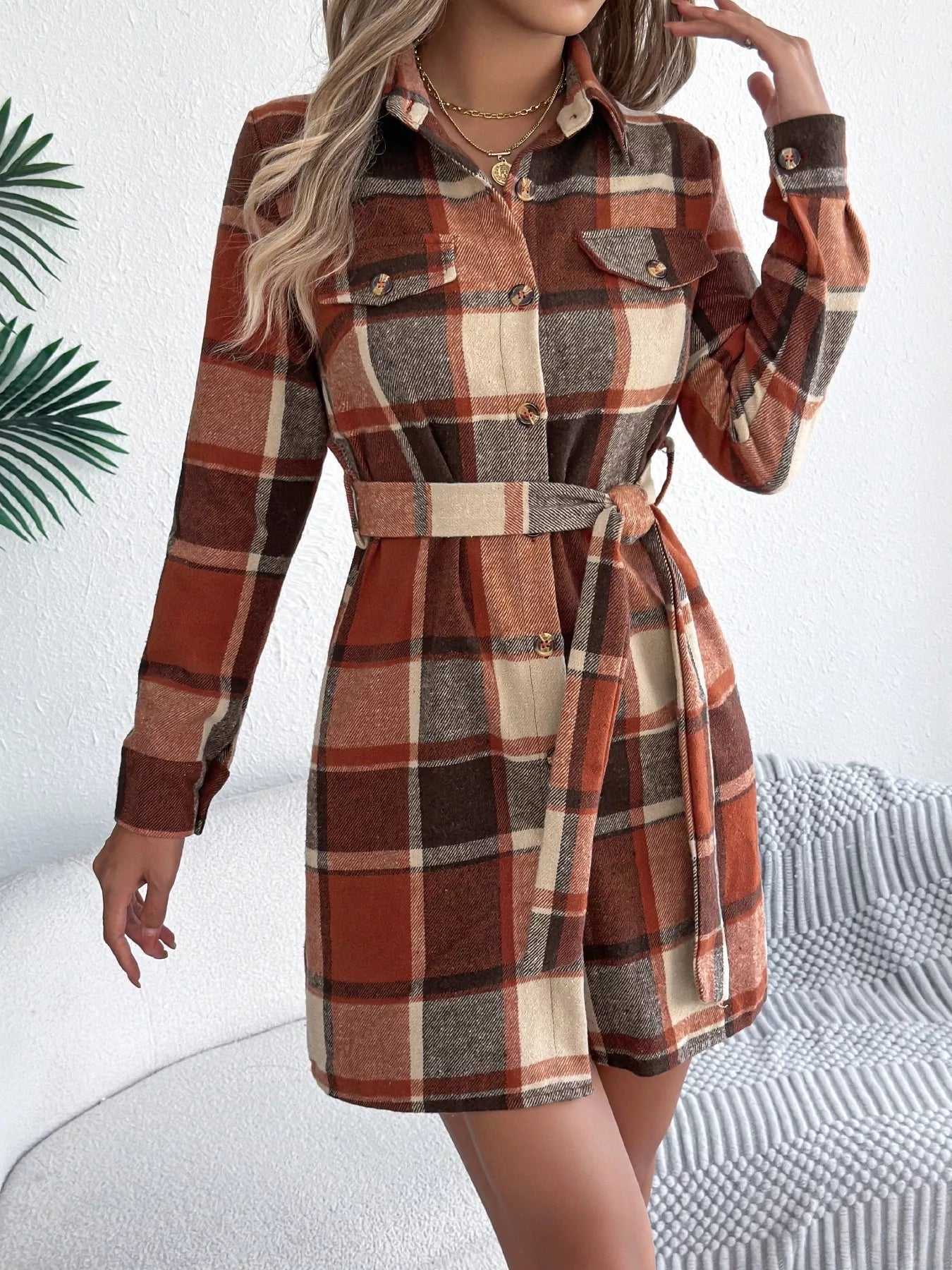 Plaid Button Front Tie Waist Shirt Dress - Goddess Vibes