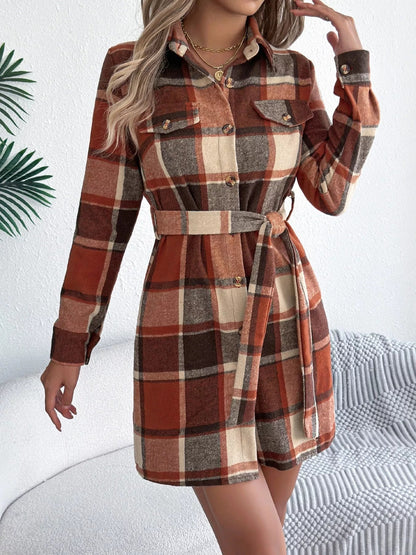 Plaid Button Front Tie Waist Shirt Dress - Goddess Vibes