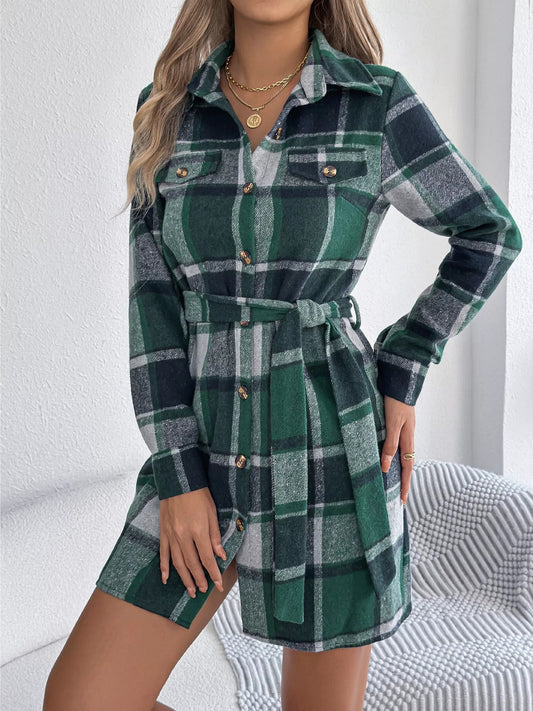 Plaid Button Front Tie Waist Shirt Dress - Goddess Vibes