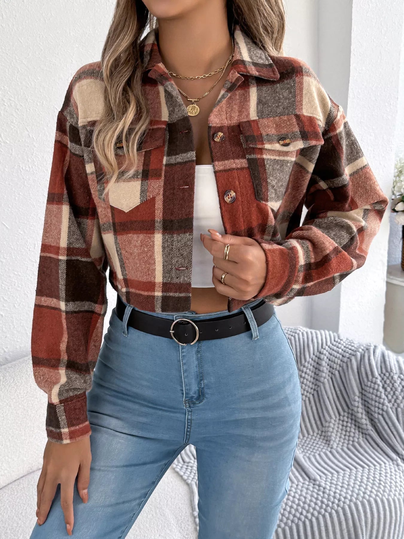 Plaid Button Up Cropped Jacket - Goddess Vibes