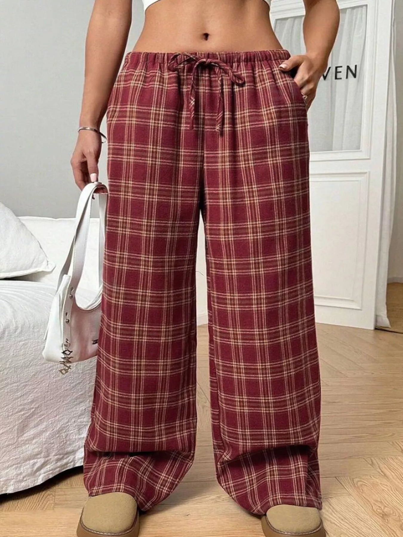 Plaid Drawstring Wide Leg Pants - Goddess Vibes