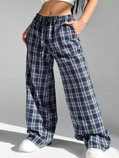 Plaid Drawstring Wide Leg Pants - Goddess Vibes
