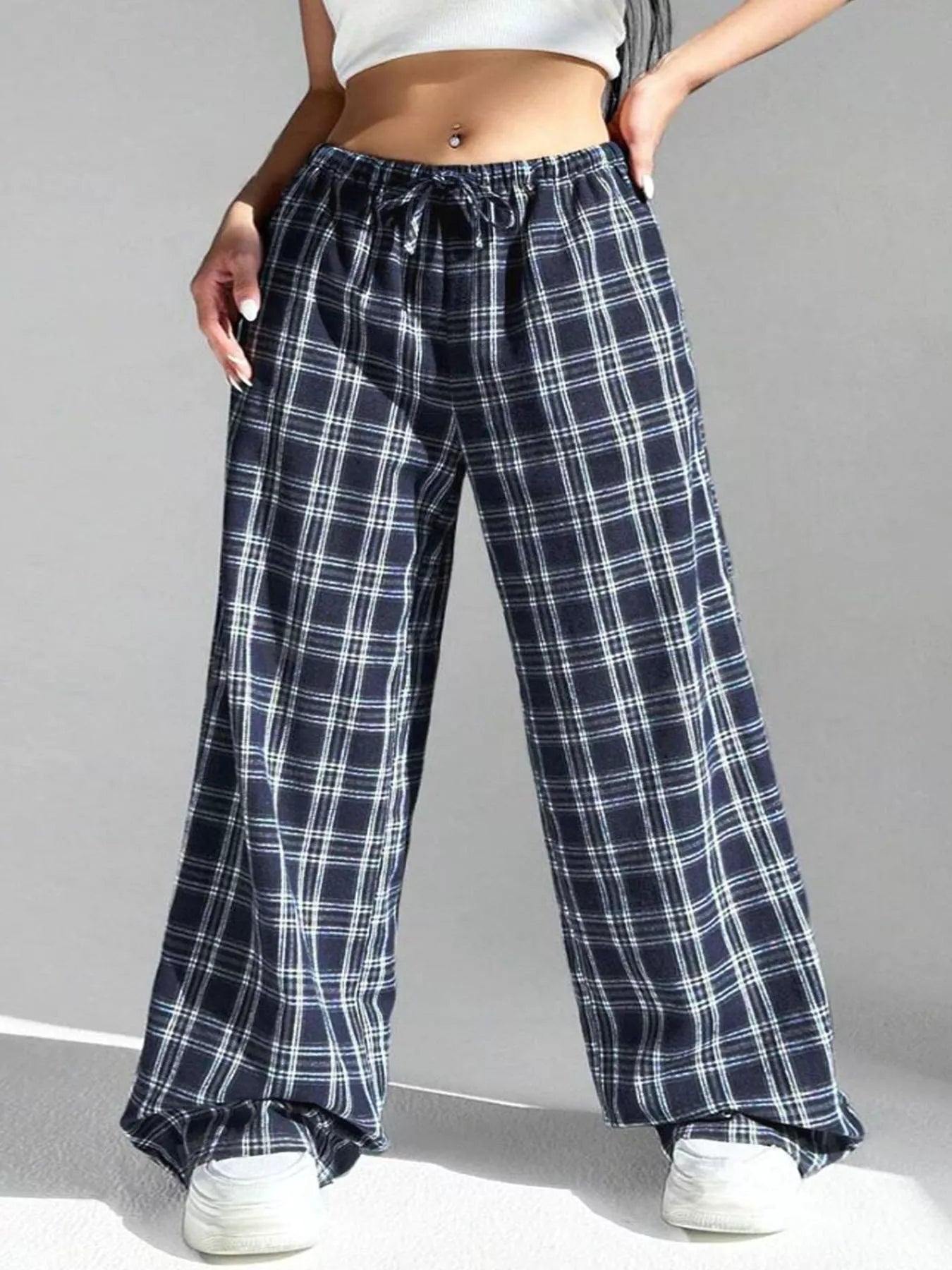 Plaid Drawstring Wide Leg Pants - Goddess Vibes