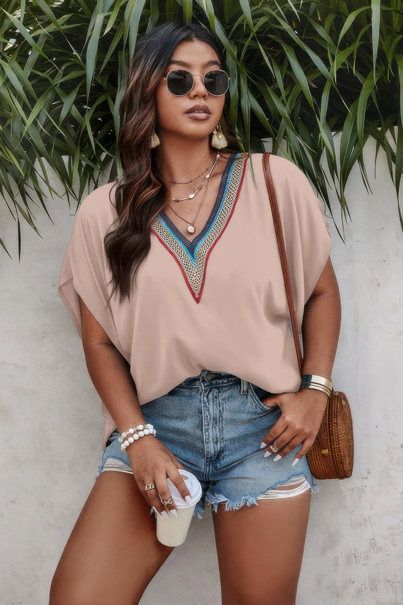 Plus Batwing Short Sleeve Lace V Neck Blouse - Goddess Vibes