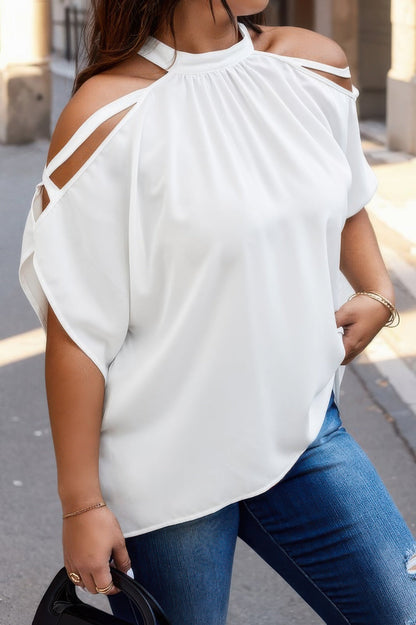 Plus Halter Open Shoulder Bat Sleeves Loose Top - Goddess Vibes