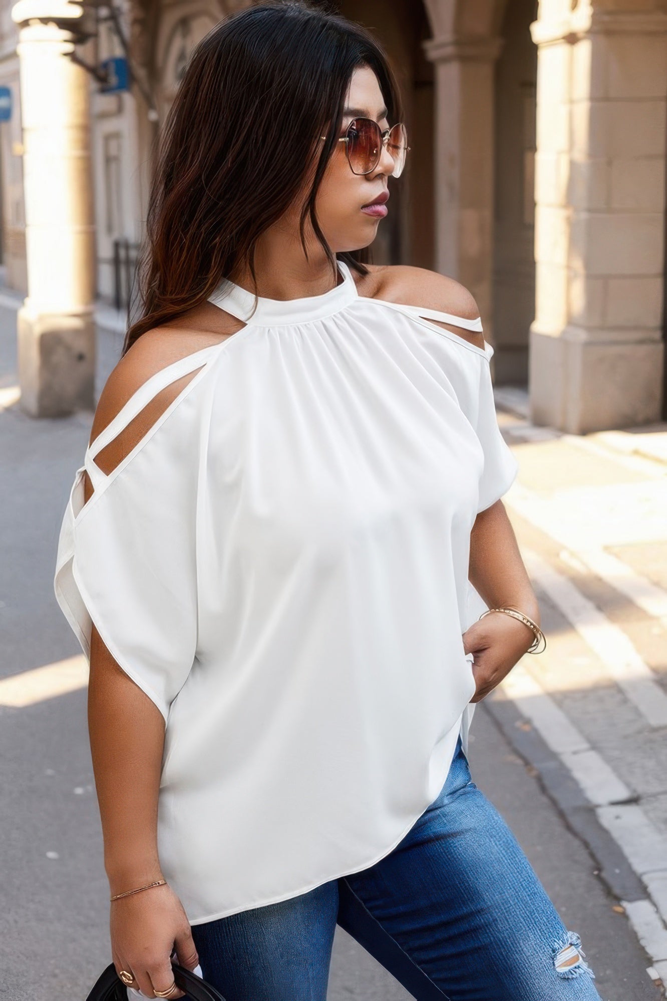 Plus Halter Open Shoulder Bat Sleeves Loose Top - Goddess Vibes