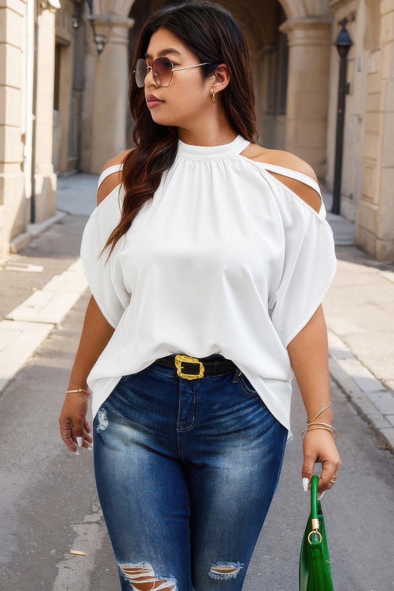 Plus Halter Open Shoulder Bat Sleeves Loose Top - Goddess Vibes