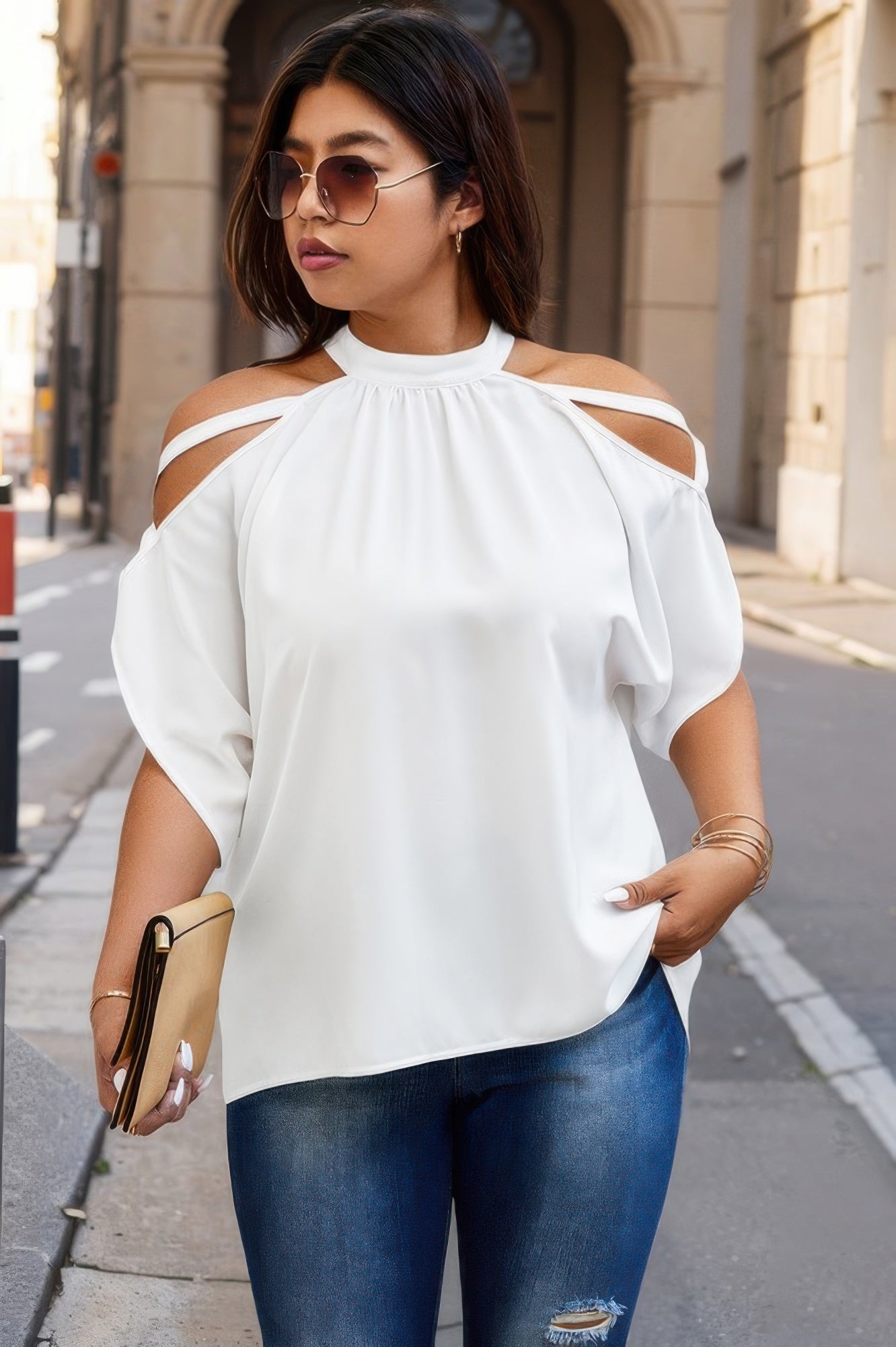 Plus Halter Open Shoulder Bat Sleeves Loose Top - Goddess Vibes