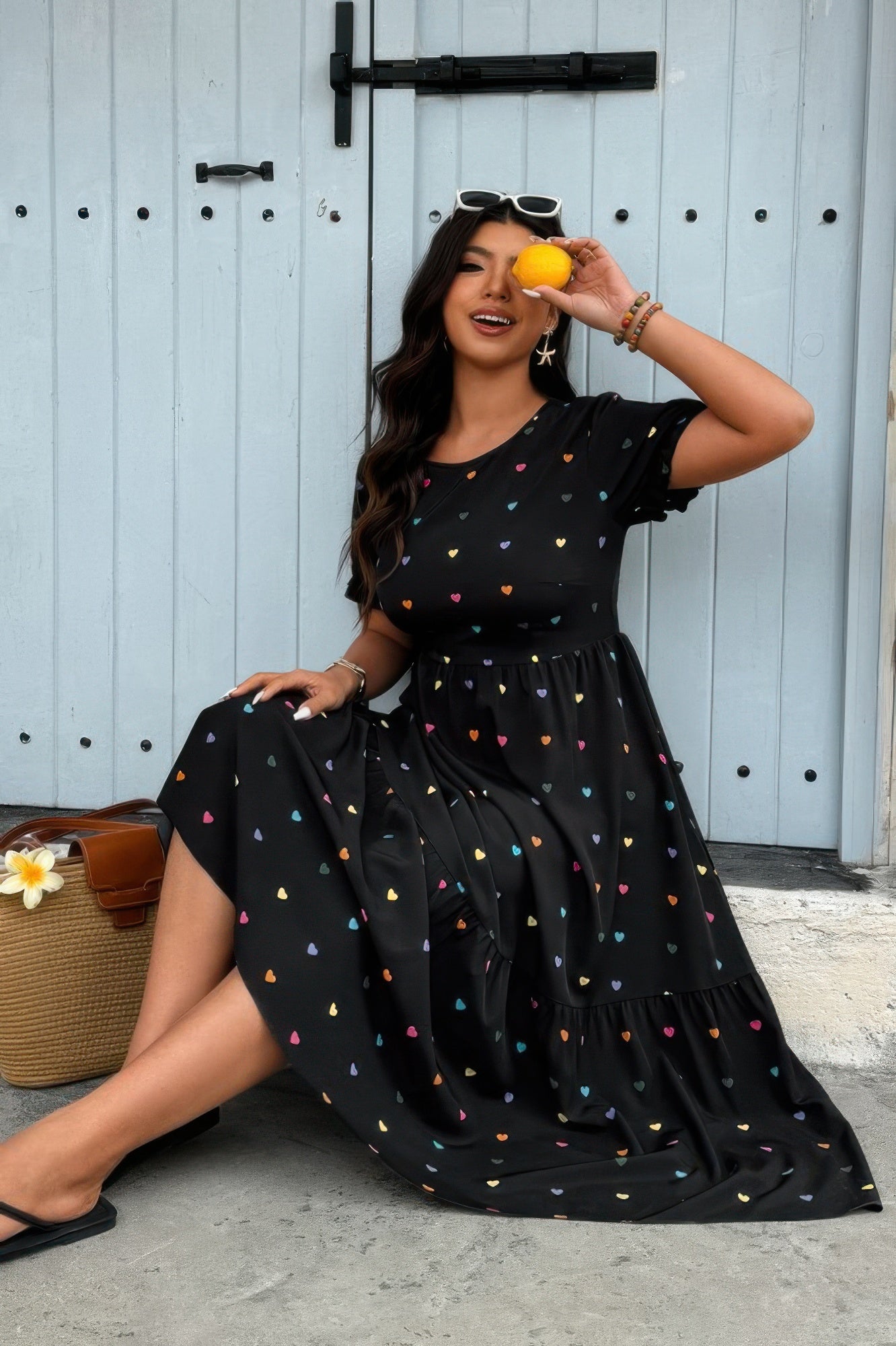 Plus Heart Print Round Neck Ruffle Hem Dress - Goddess Vibes