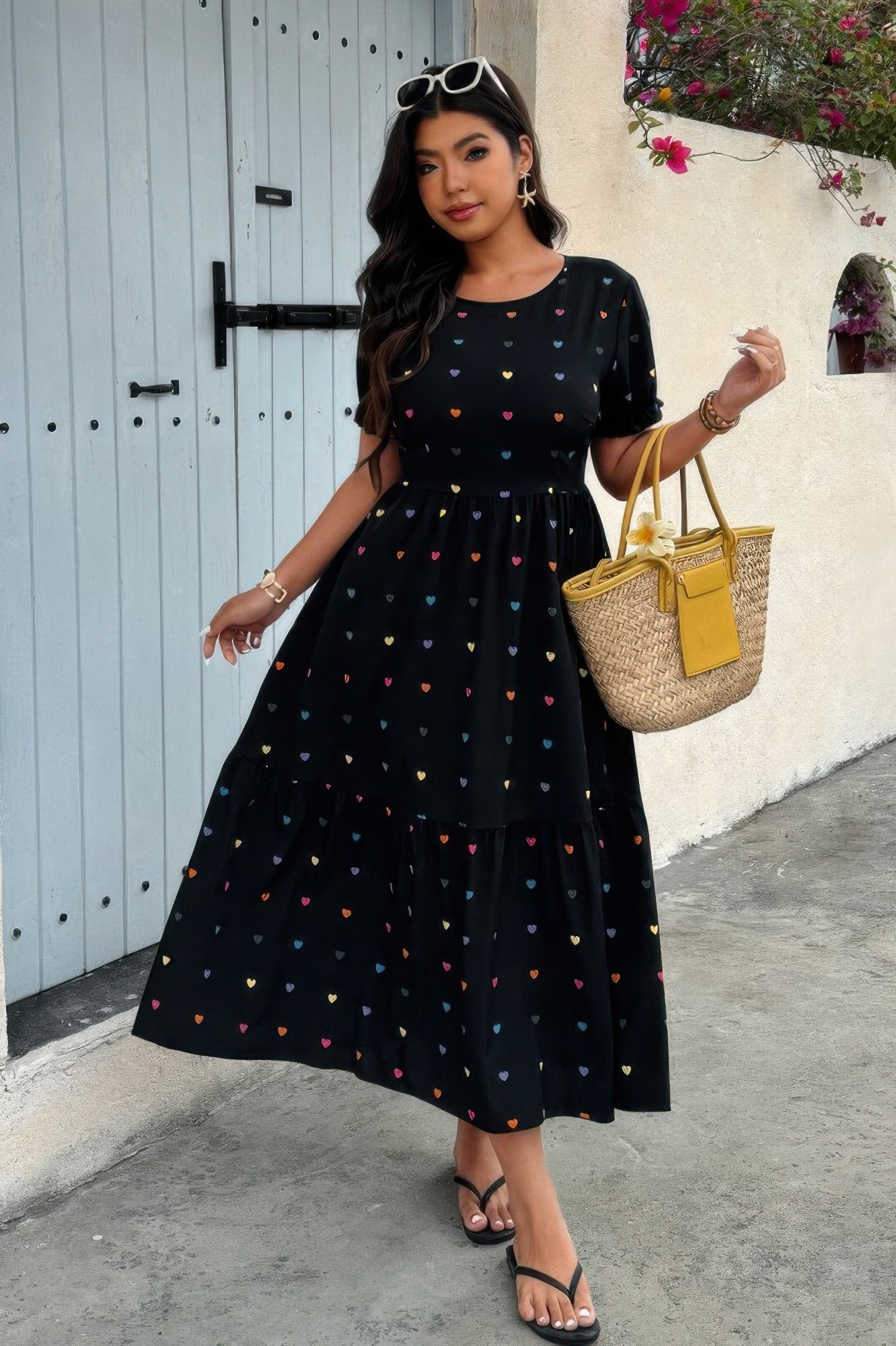 Plus Heart Print Round Neck Ruffle Hem Dress - Goddess Vibes