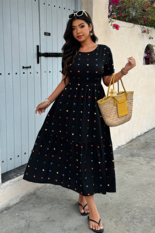 Plus Heart Print Round Neck Ruffle Hem Dress - Goddess Vibes