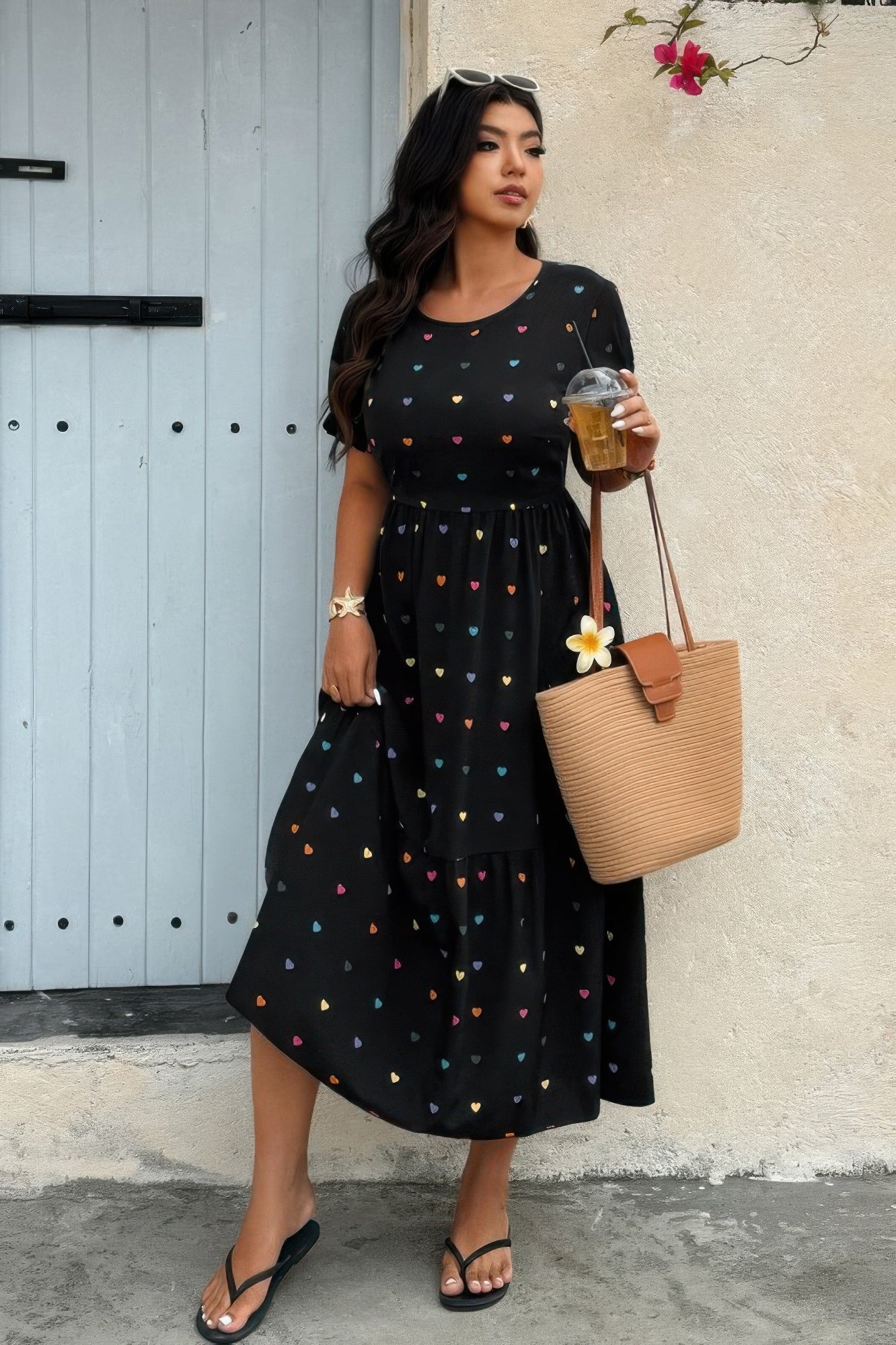 Plus Heart Print Round Neck Ruffle Hem Dress - Goddess Vibes