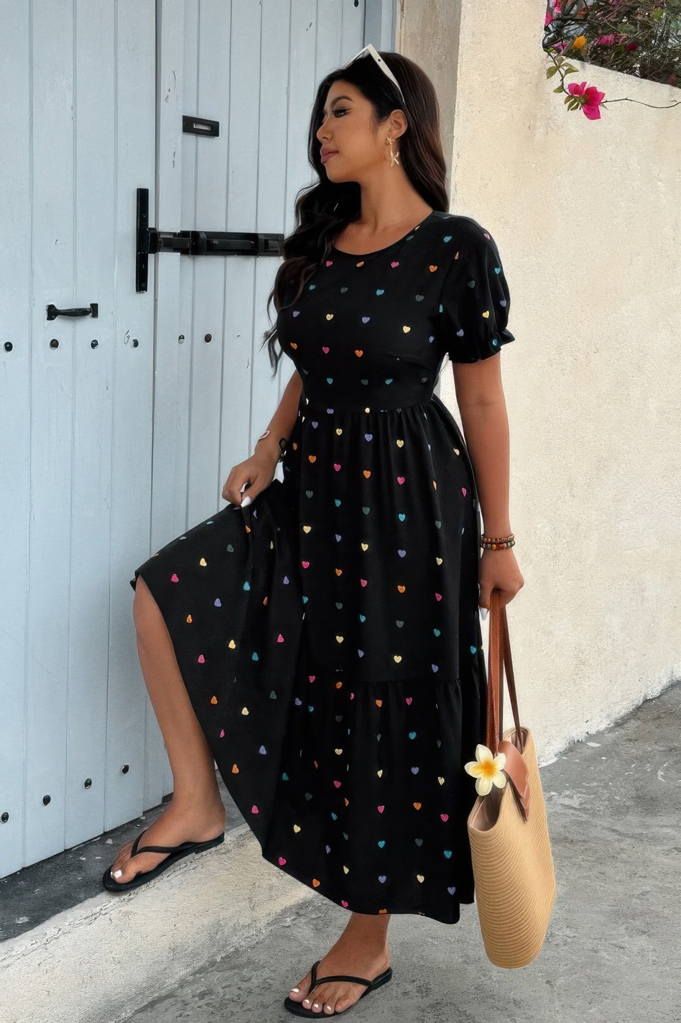 Plus Heart Print Round Neck Ruffle Hem Dress - Goddess Vibes