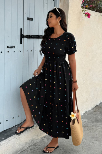 Plus Heart Print Round Neck Ruffle Hem Dress - Goddess Vibes