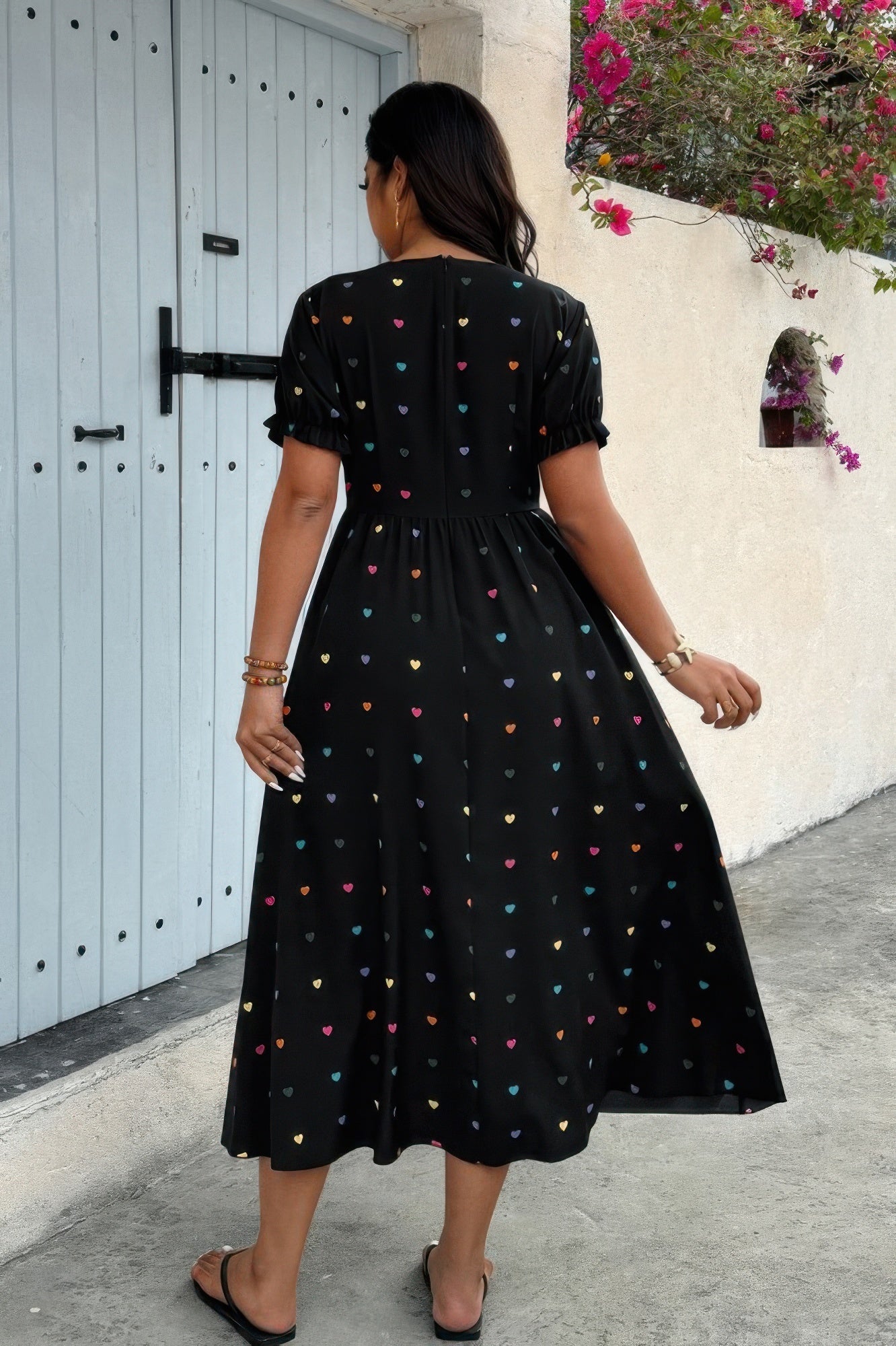 Plus Heart Print Round Neck Ruffle Hem Dress - Goddess Vibes