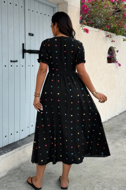 Plus Heart Print Round Neck Ruffle Hem Dress - Goddess Vibes