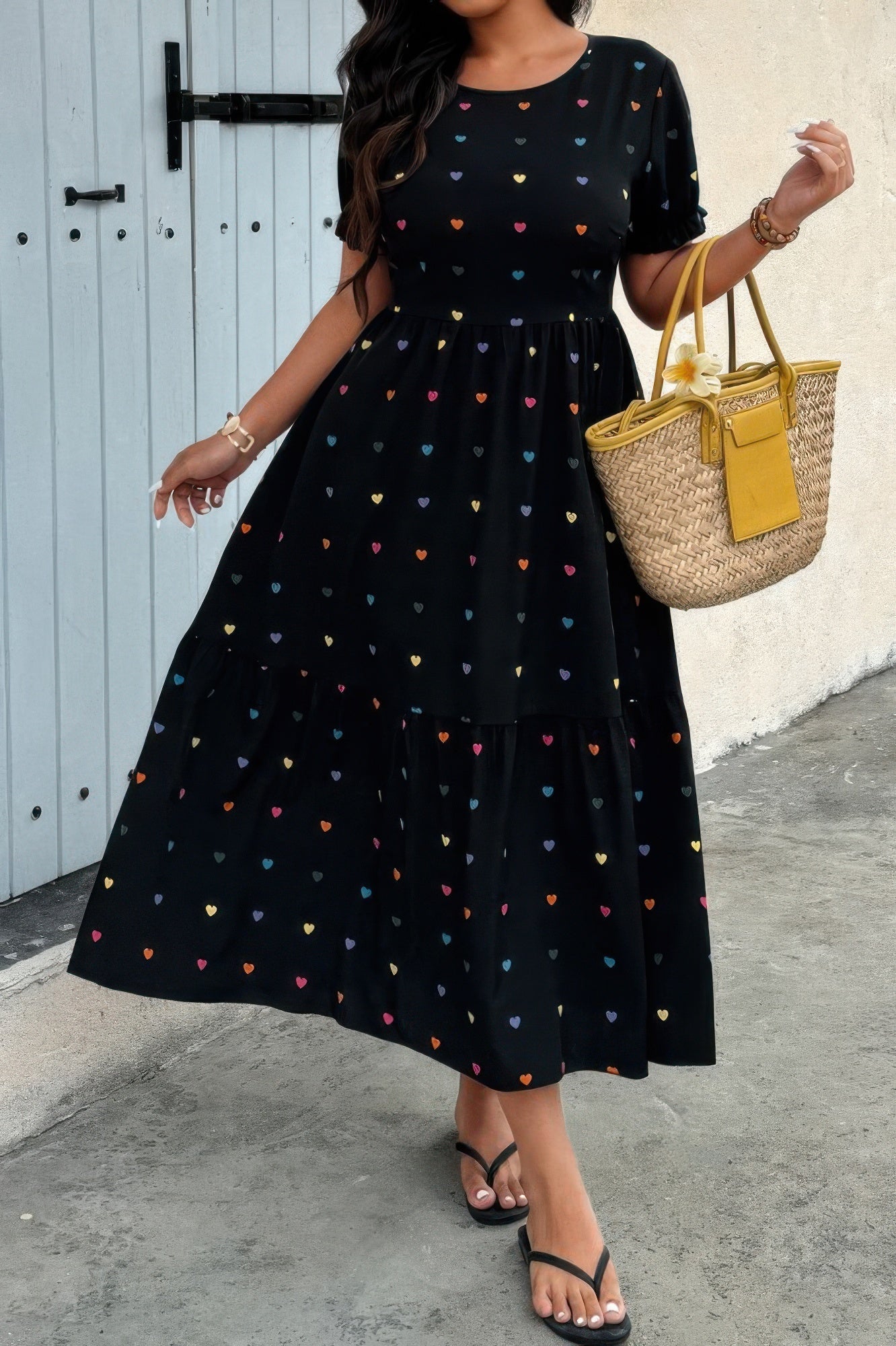 Plus Heart Print Round Neck Ruffle Hem Dress - Goddess Vibes