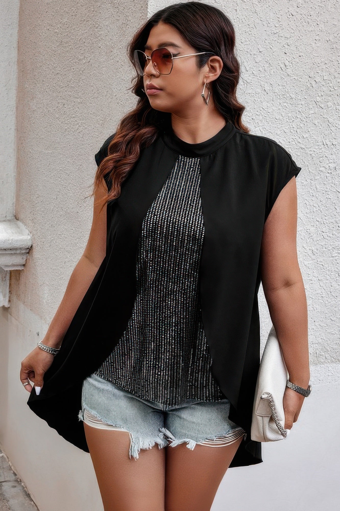 Plus Size Asymmetrical Hem Sparkly Patchwork Shirt - Goddess Vibes