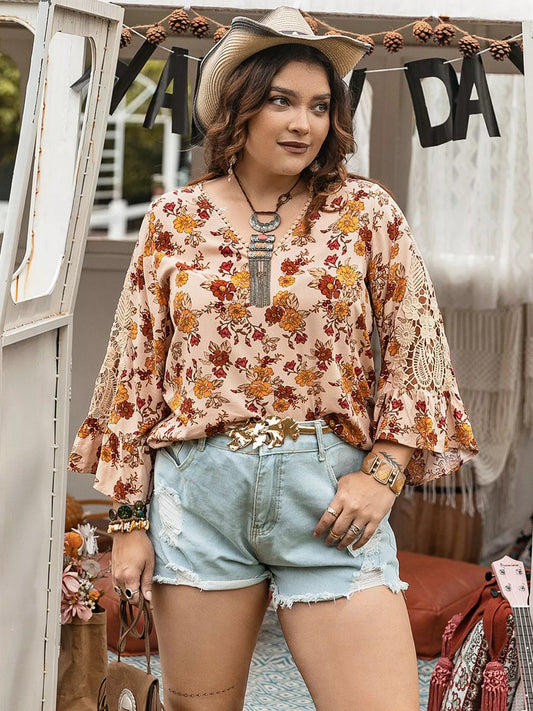 Plus Size Floral Lace Detail V - Neck Blouse - Goddess Vibes