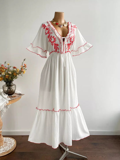 Plus Size Front Tie Maxi Dress with Floral Embroidered - Goddess Vibes