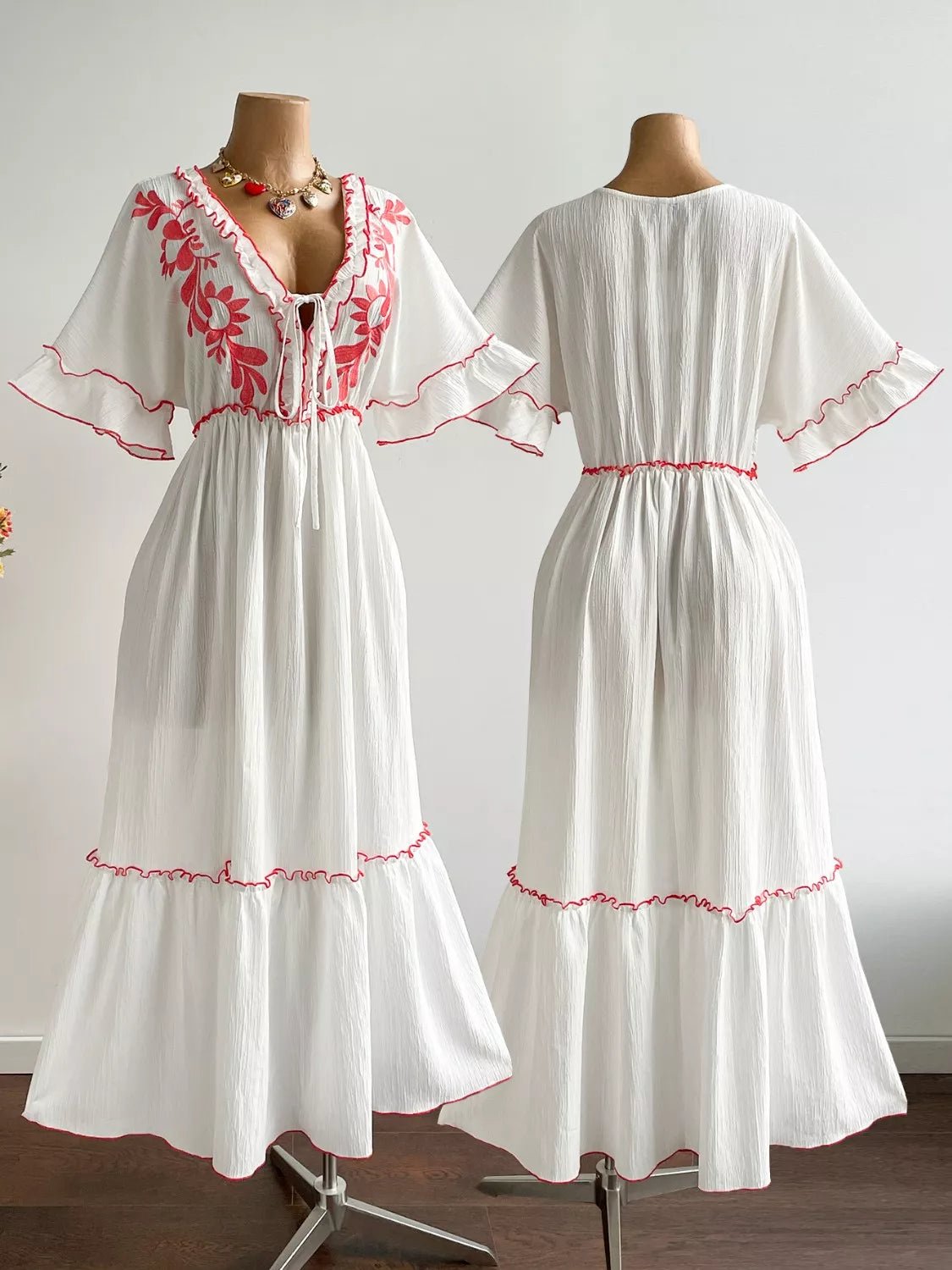 Plus Size Front Tie Maxi Dress with Floral Embroidered - Goddess Vibes