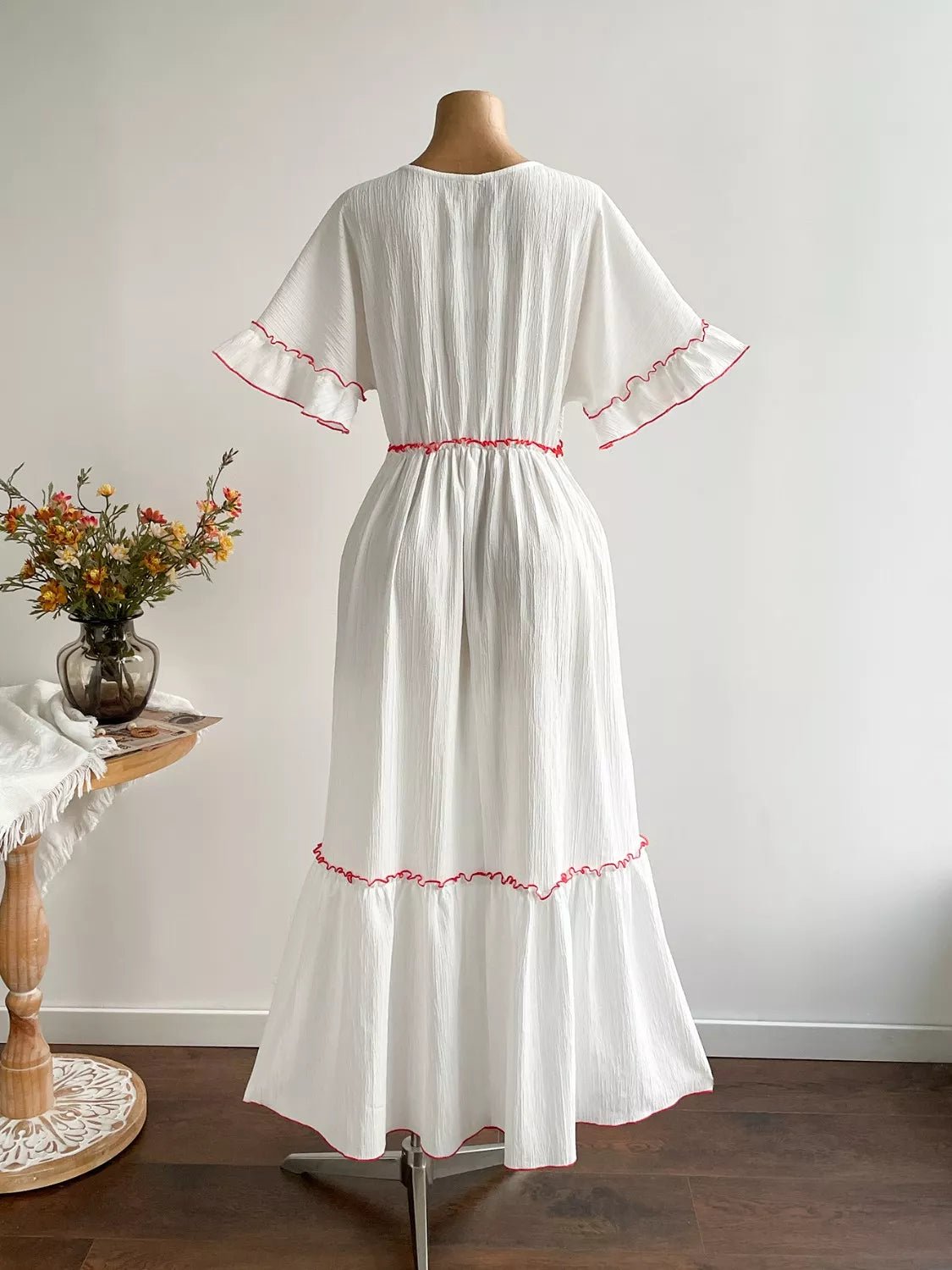 Plus Size Front Tie Maxi Dress with Floral Embroidered - Goddess Vibes