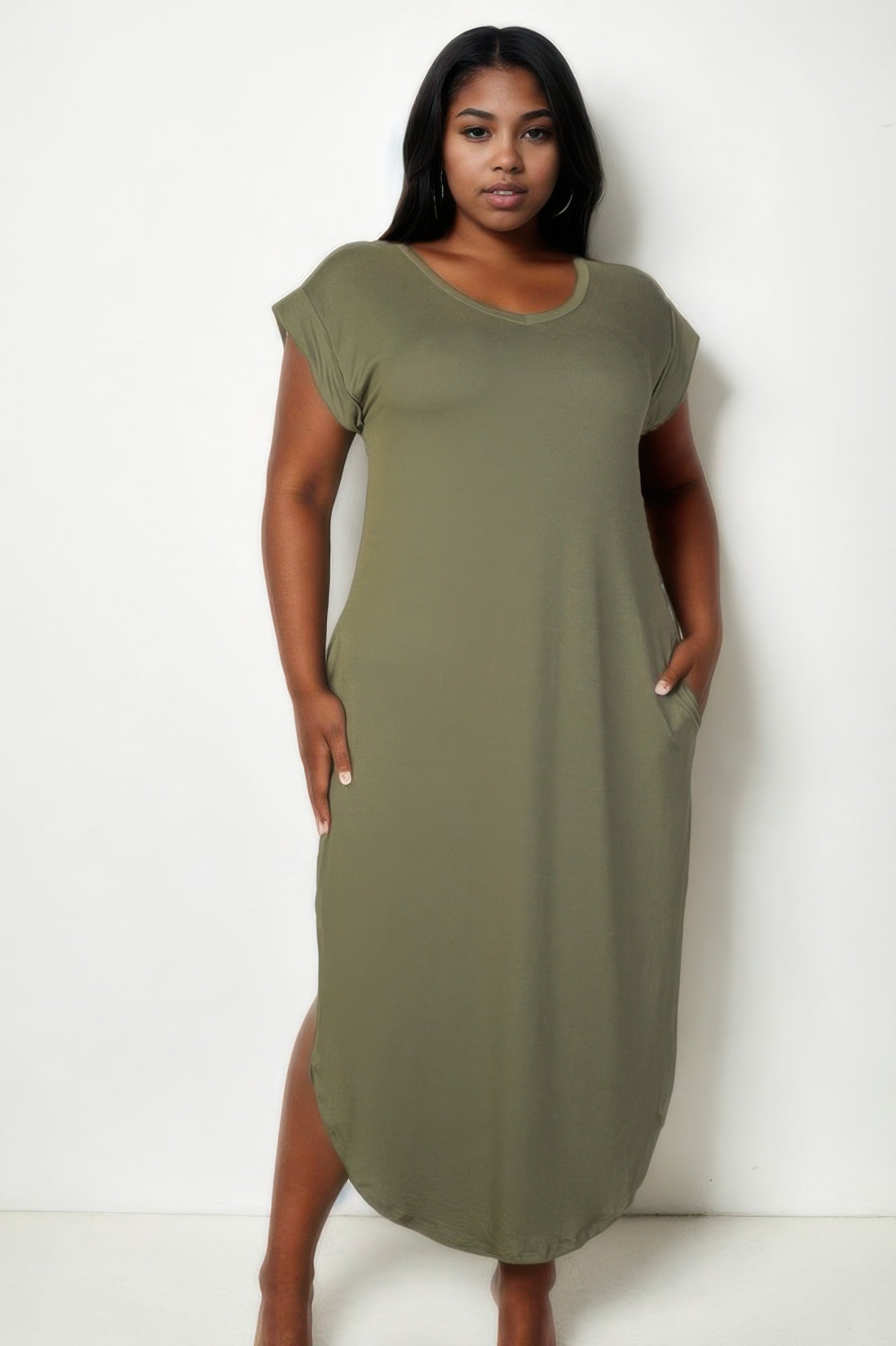 Plus Size Hidden Pocket Batwing Sleeve V Neck Long Dress - Goddess Vibes