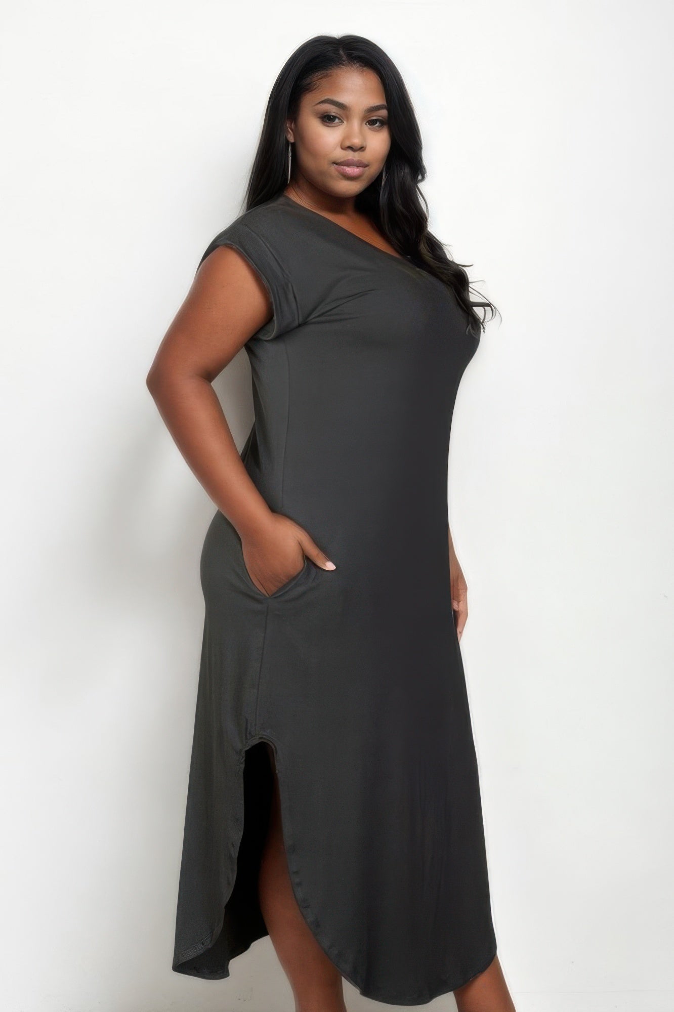 Plus Size Hidden Pocket Batwing Sleeve V Neck Long Dress - Goddess Vibes