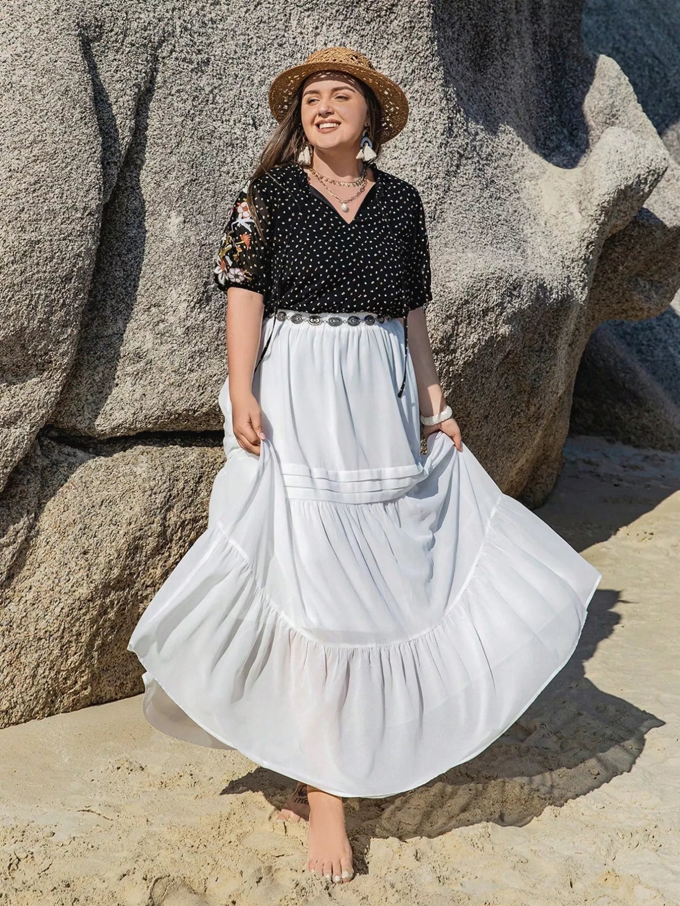 Plus Size Printed Tie Neck Half Sleeve Blouse - Goddess Vibes