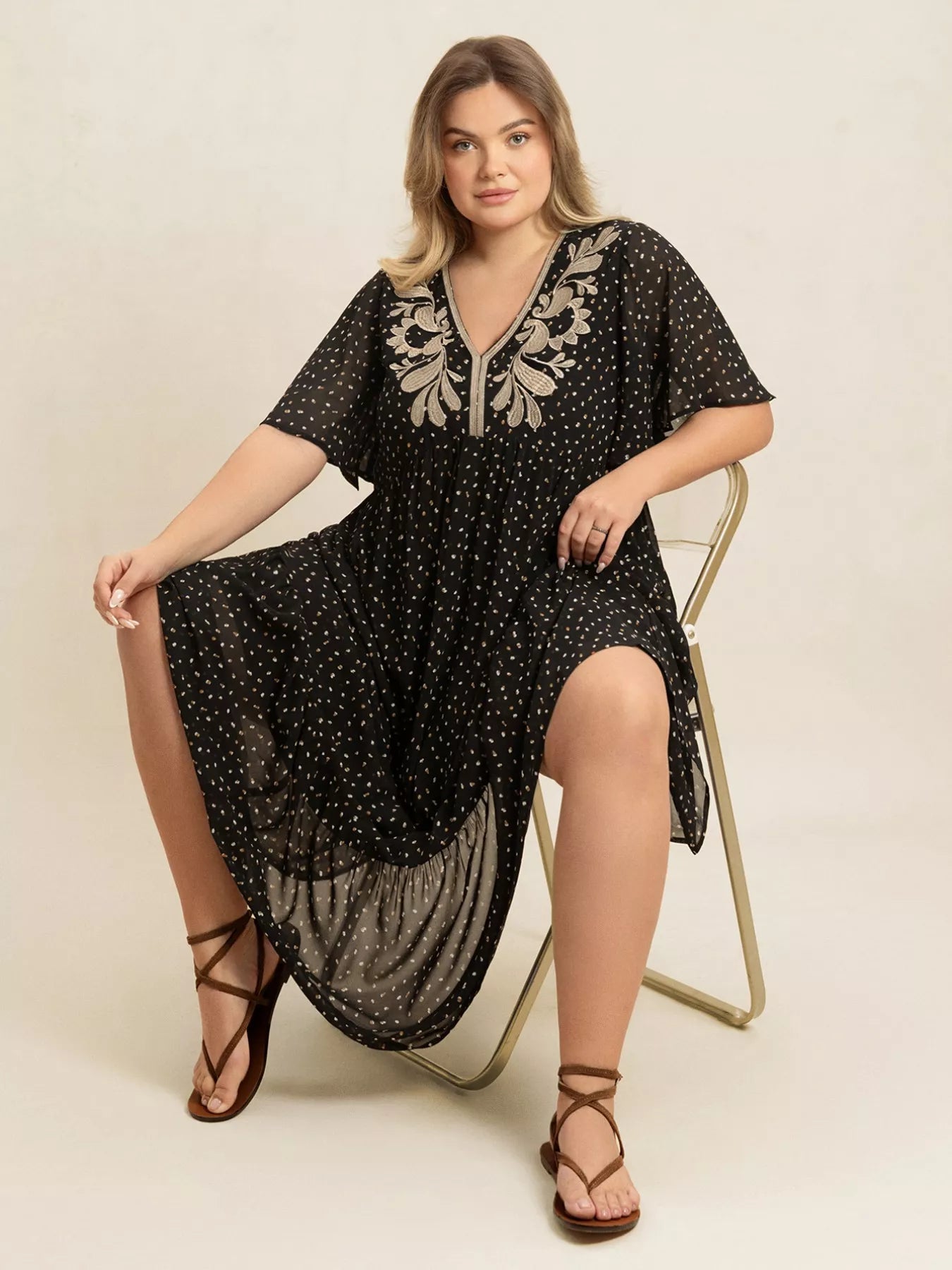 Plus Size Printed V - Neck Flutter Sleeve Maxi Dress - Goddess Vibes