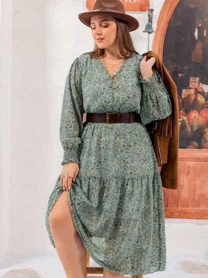 Plus Size Printed V - Neck Long Sleeve Midi Dress - Goddess Vibes