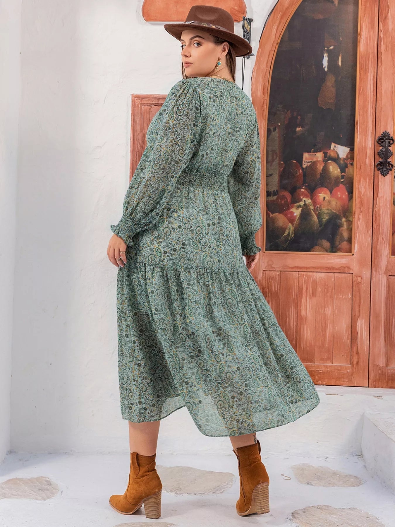 Plus Size Printed V - Neck Long Sleeve Midi Dress - Goddess Vibes