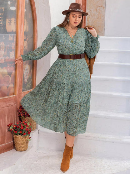 Plus Size Printed V - Neck Long Sleeve Midi Dress - Goddess Vibes