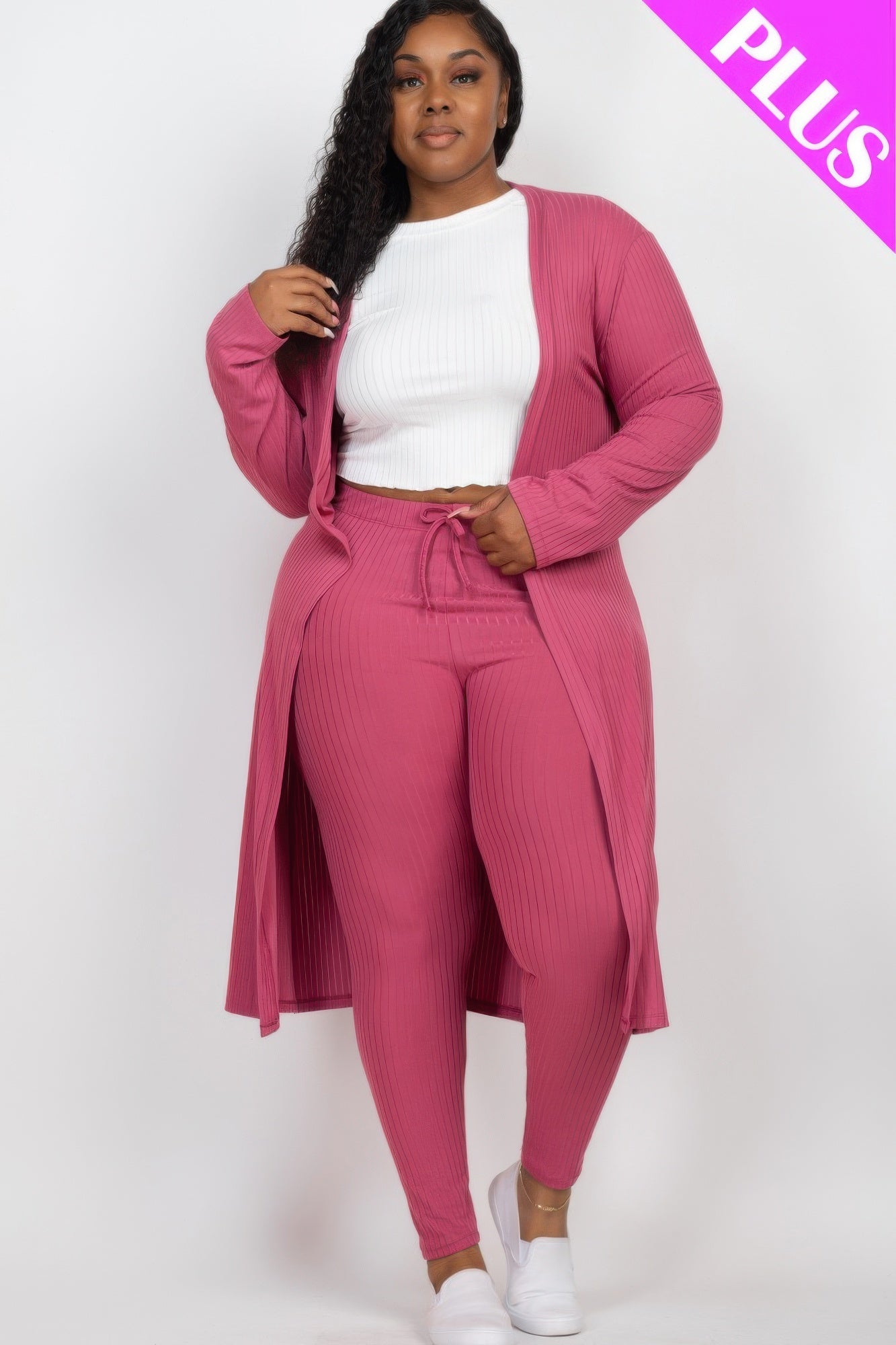 Plus Size Ribbed Long Cardigan & Leggings Set - Goddess Vibes