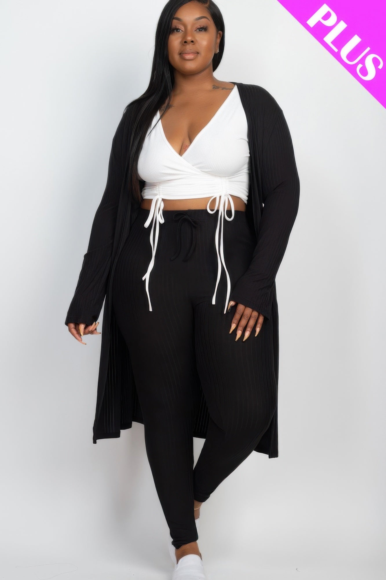 Plus Size Ribbed Long Cardigan & Leggings Set - Goddess Vibes