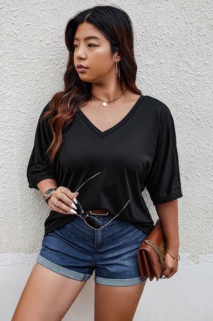 Plus Size Solid Drop Shoulder Short Sleeve Shirt - Goddess Vibes