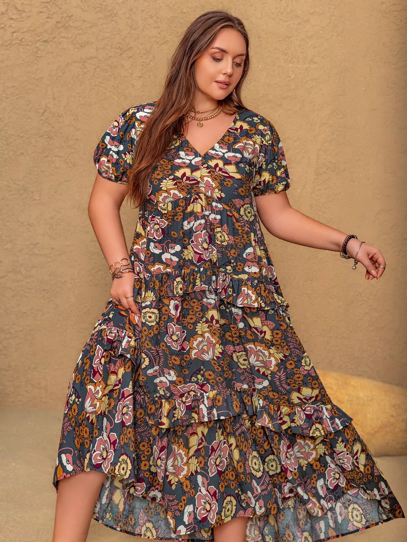 Plus Size V - Neck Short Sleeve Midi Dress - Goddess Vibes