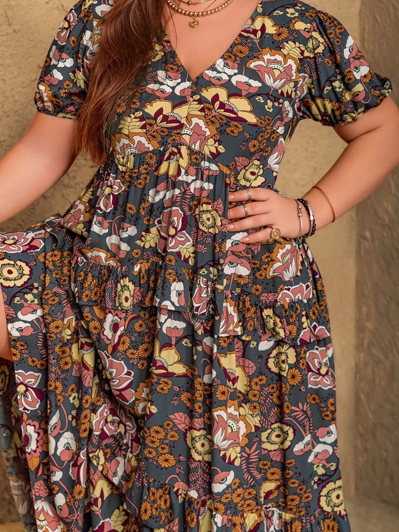 Plus Size V - Neck Short Sleeve Midi Dress - Goddess Vibes