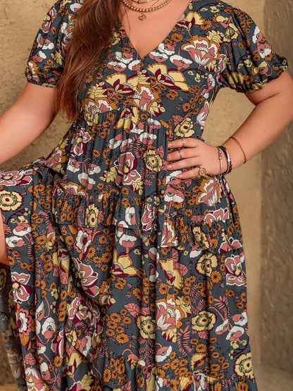 Plus Size V - Neck Short Sleeve Midi Dress - Goddess Vibes