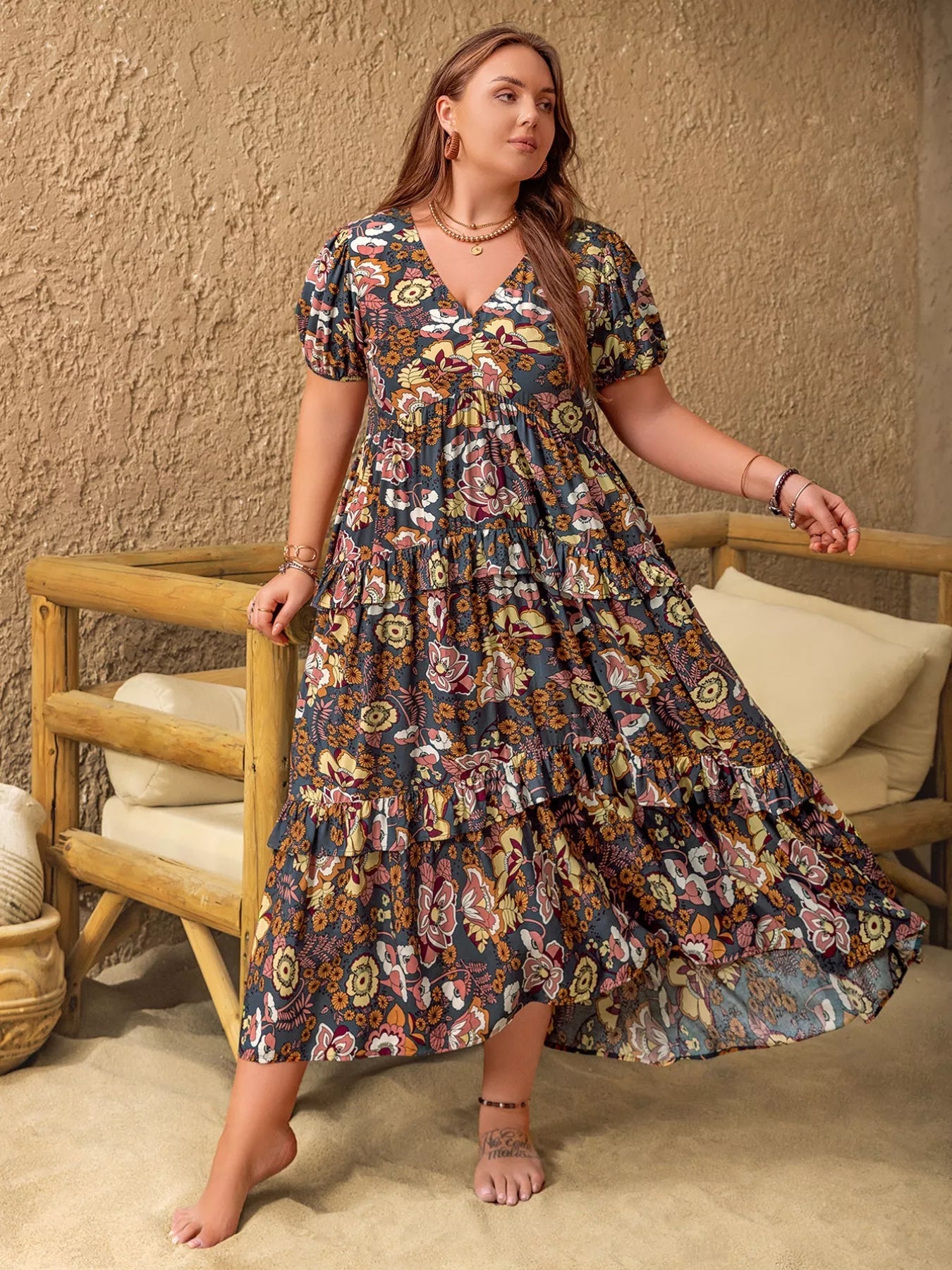 Plus Size V - Neck Short Sleeve Midi Dress - Goddess Vibes