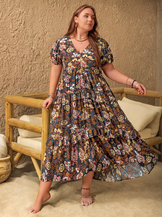 Plus Size V - Neck Short Sleeve Midi Dress - Goddess Vibes