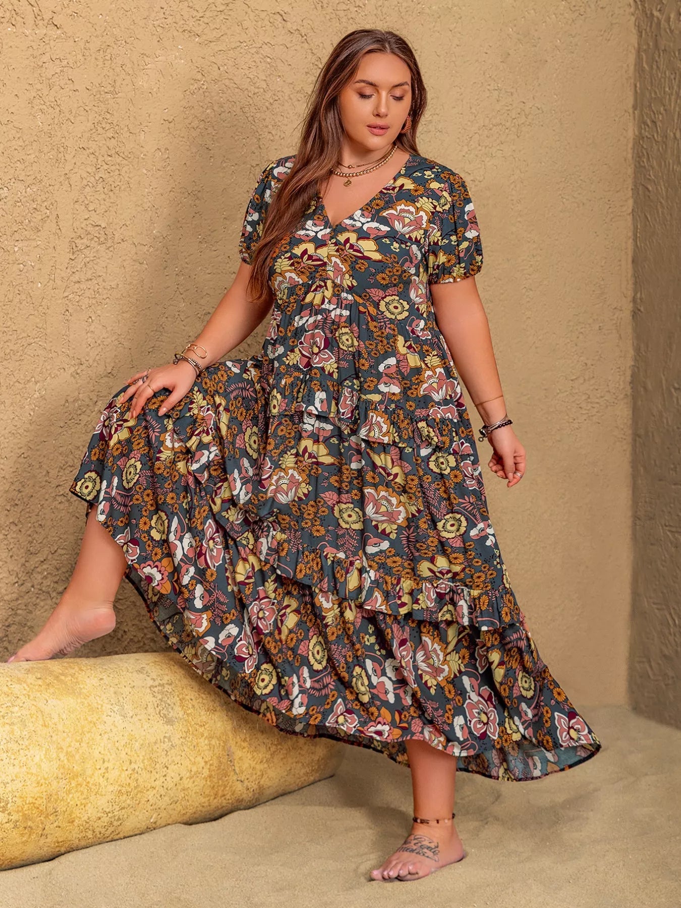 Plus Size V - Neck Short Sleeve Midi Dress - Goddess Vibes